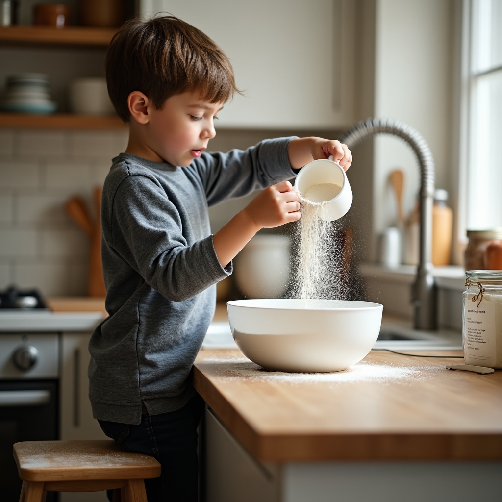 Young child carefully pouring flour from a measuring cup into a mixing bowl