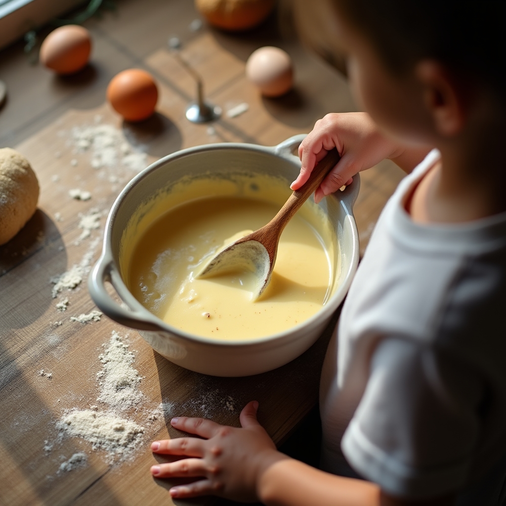 Close-up of a five-year-old's hands stirring batter in a mixing bowl on a wooden counter