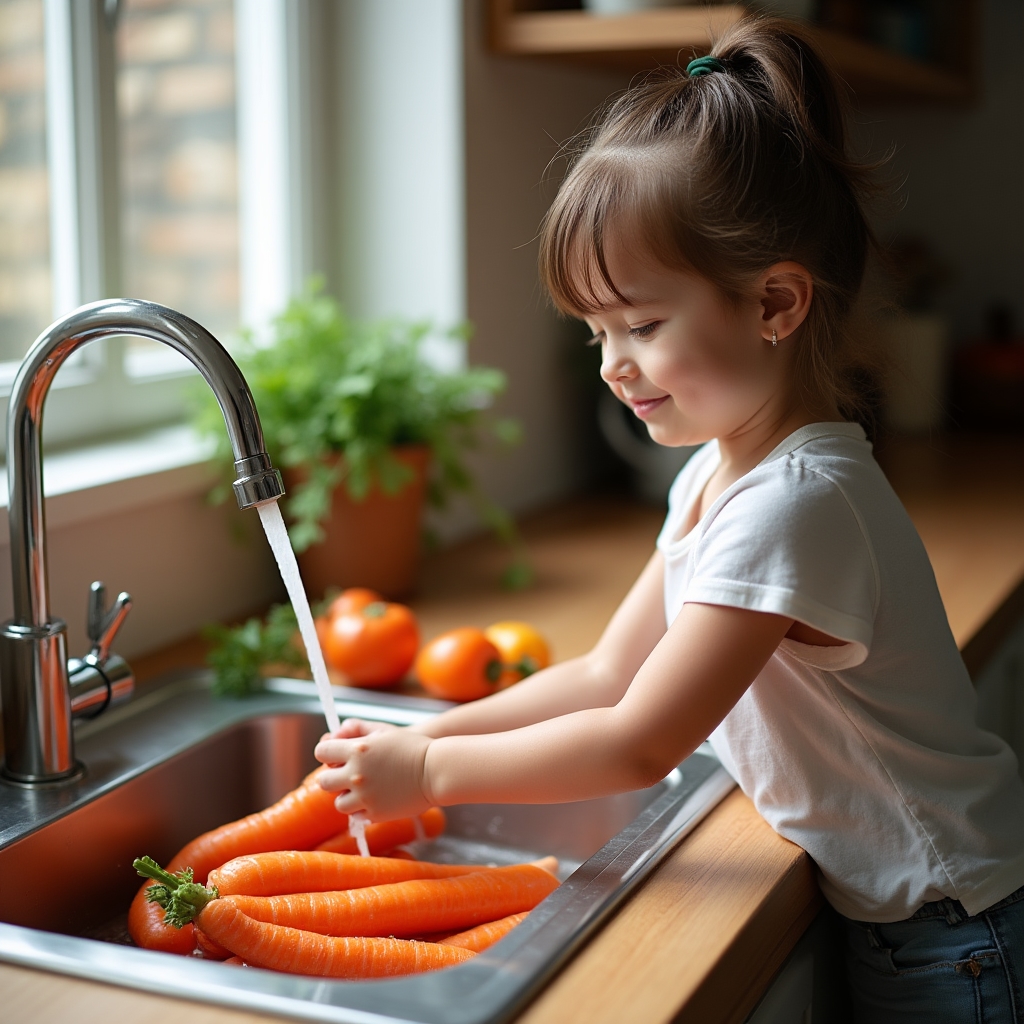 Child standing on a step stool washing vegetables in a kitchen sink under running water