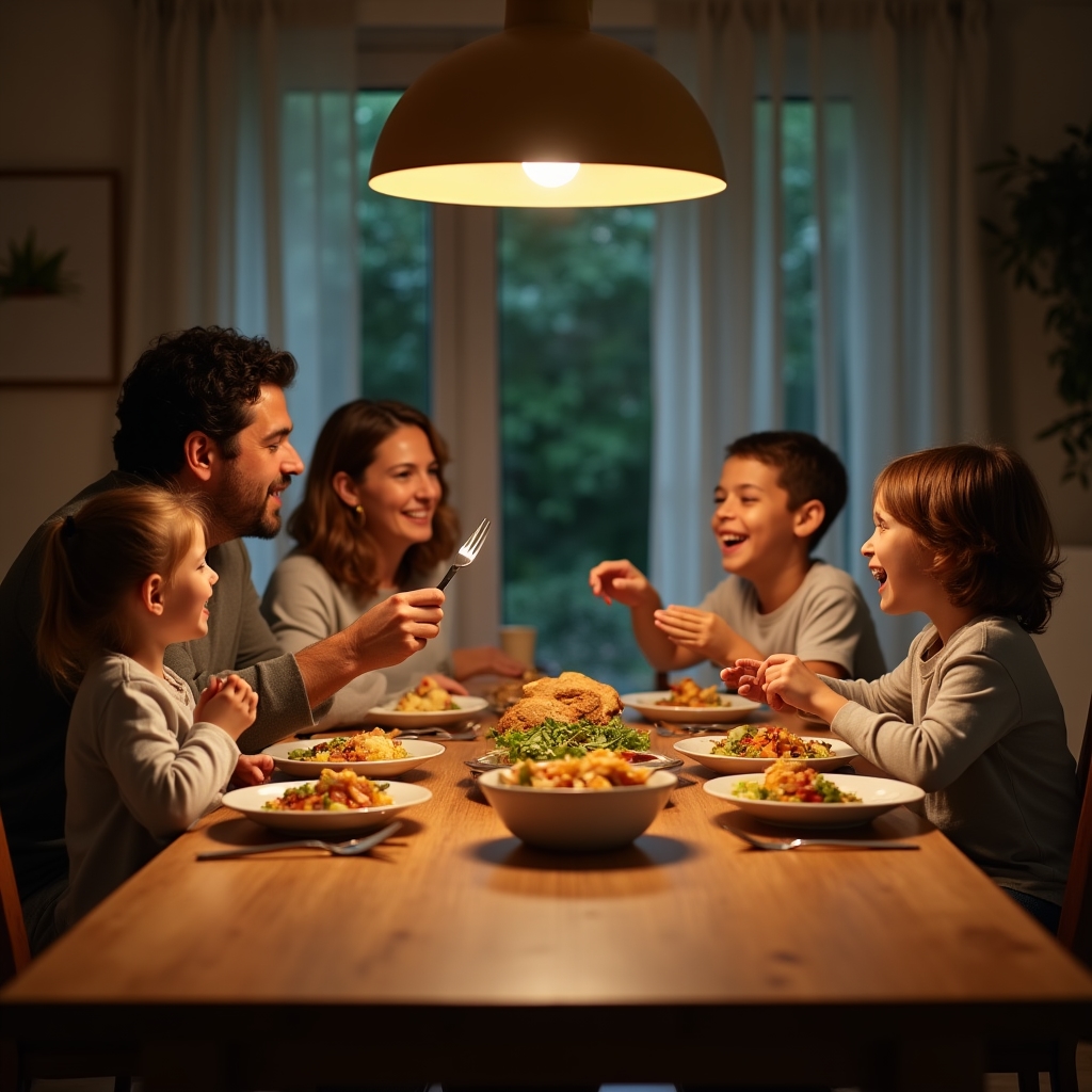 Family of four sitting together at a dinner table sharing a meal and talking