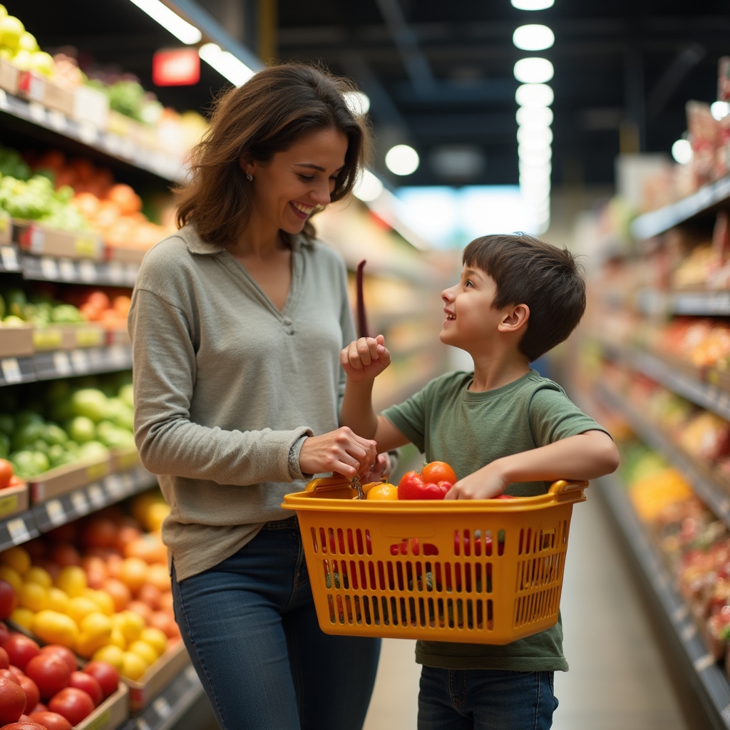 Parent and child selecting fresh produce together in a grocery store