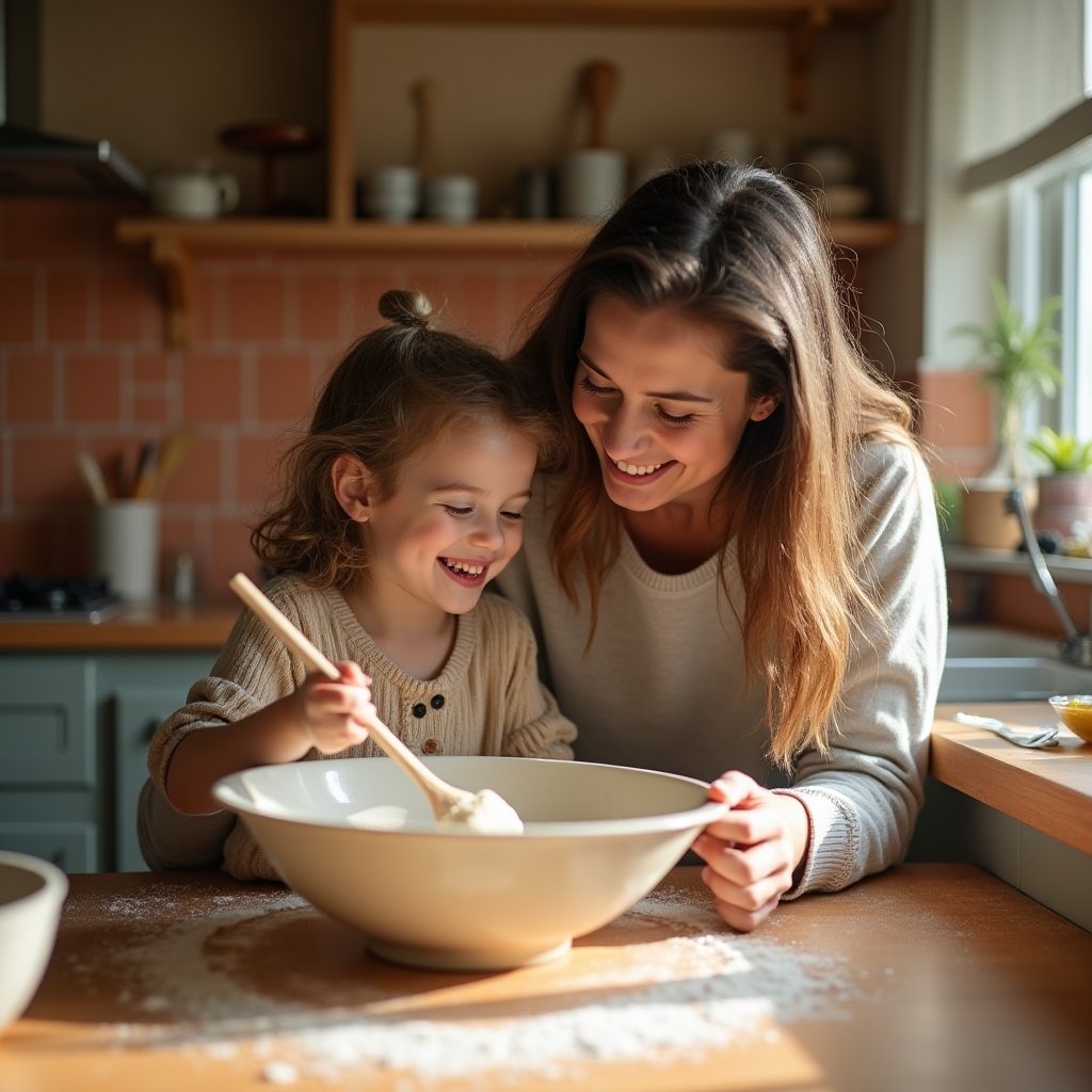 Parent and young child cooking together at a kitchen counter, both smiling while stirring a bowl