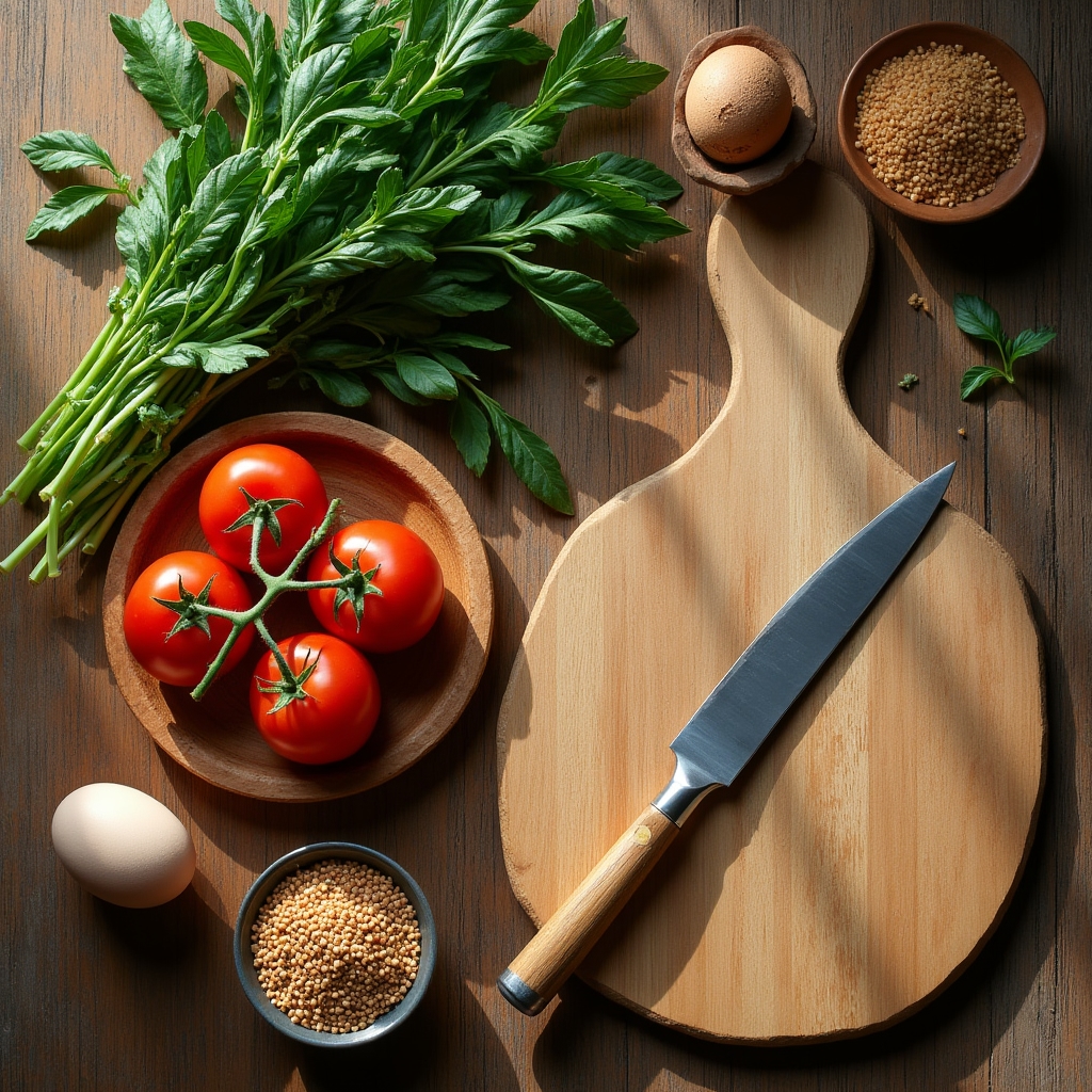 Overhead flat lay of simple whole food ingredients arranged on a wooden kitchen counter