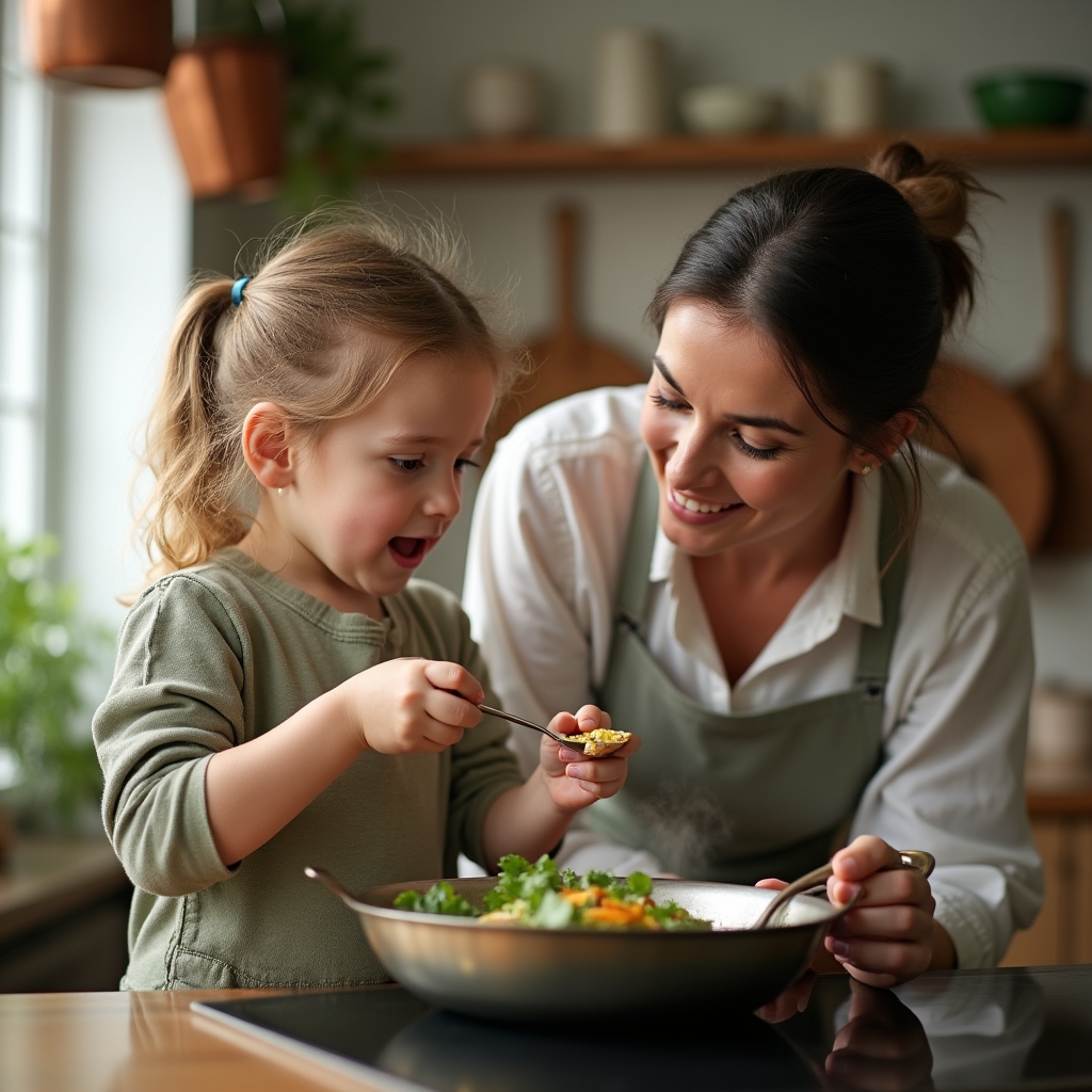 Parent and child tasting a spoonful of cooked vegetables together in the kitchen