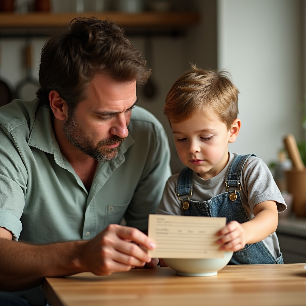 Parent pointing to a recipe card while a child looks on at the kitchen counter