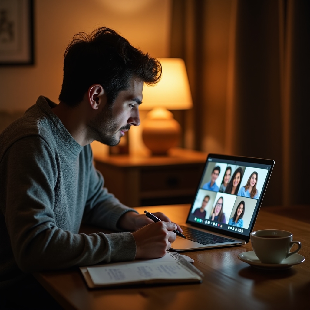 Parent sitting at a laptop attending a live online parenting workshop session, taking notes