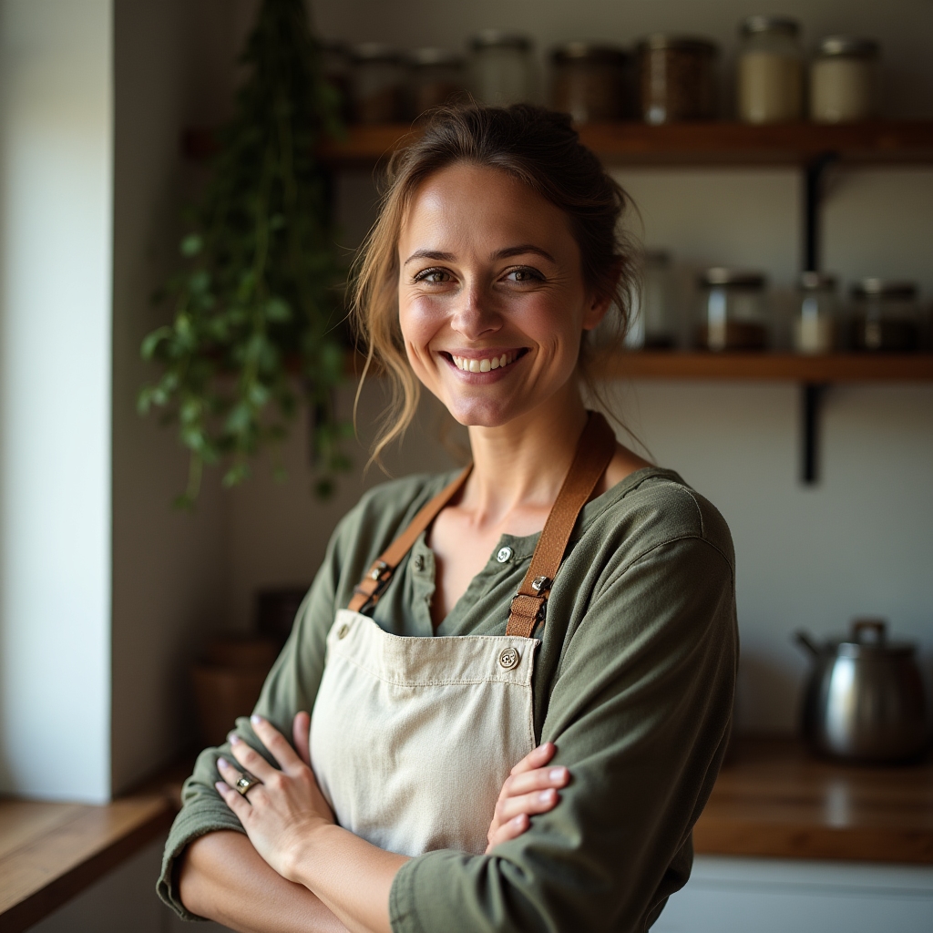 Portrait of the workshop facilitator, a woman in her forties, standing in a home kitchen